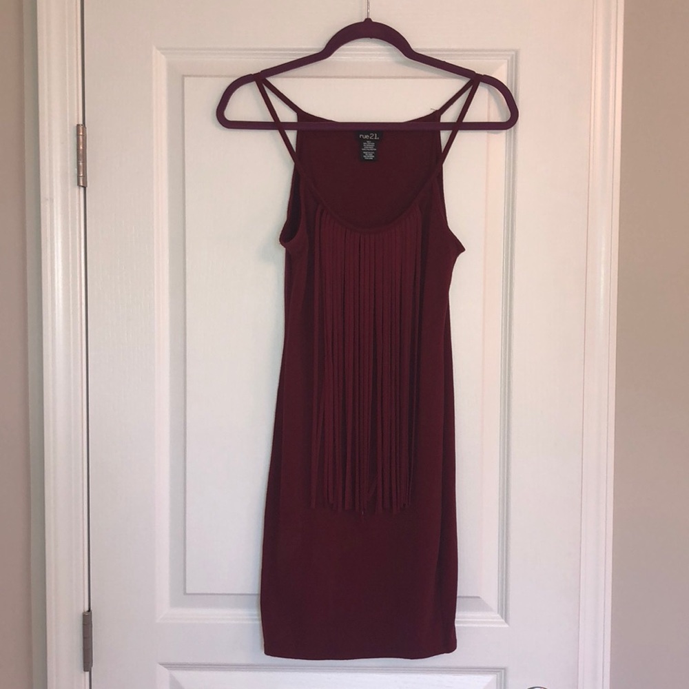 Burgundy short tank dress with fringe!